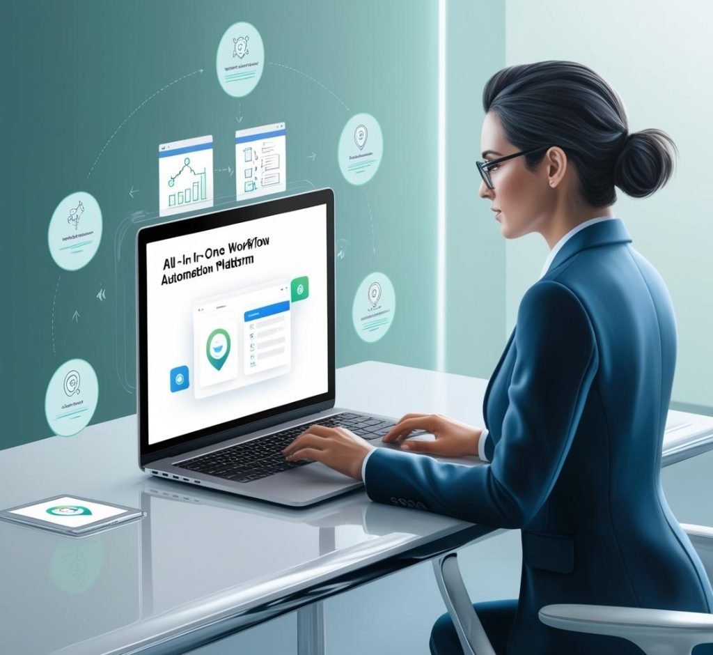 Create a unique creatives for _ All-in-One Workflow Automation Platform_ Digital marketing Expert working in laptop with Full of Business Automation (2)