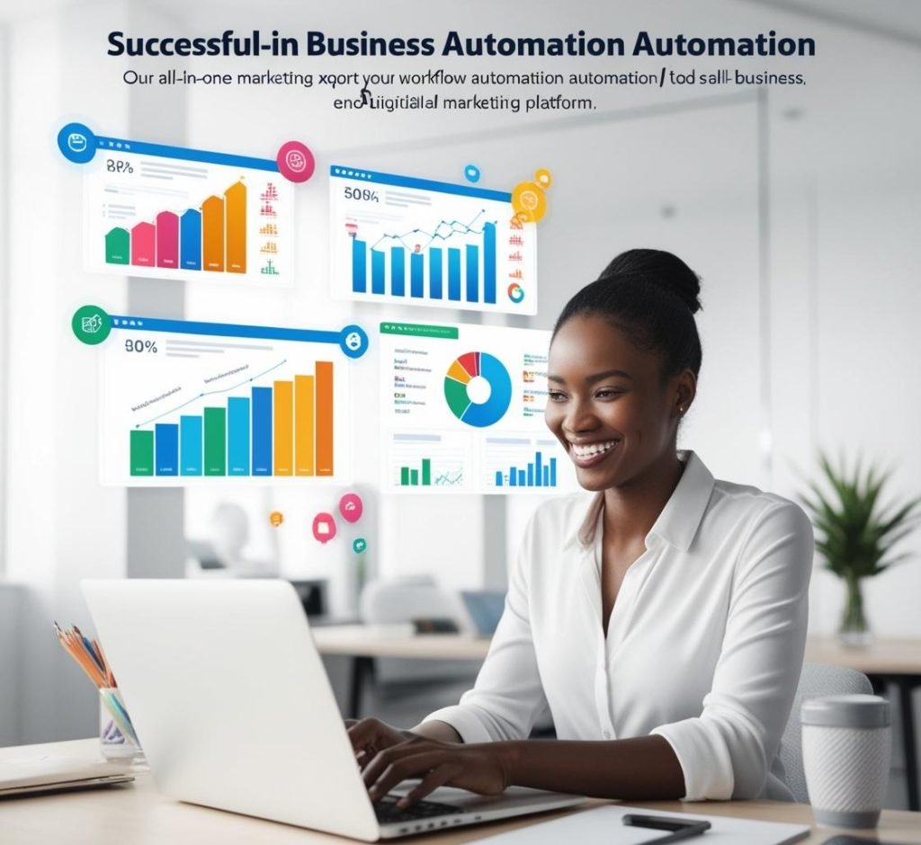 Create a unique creatives for _ All-in-One Workflow Automation Platform_ Digital marketing Expert working in laptop with Full of Business Automation (3)