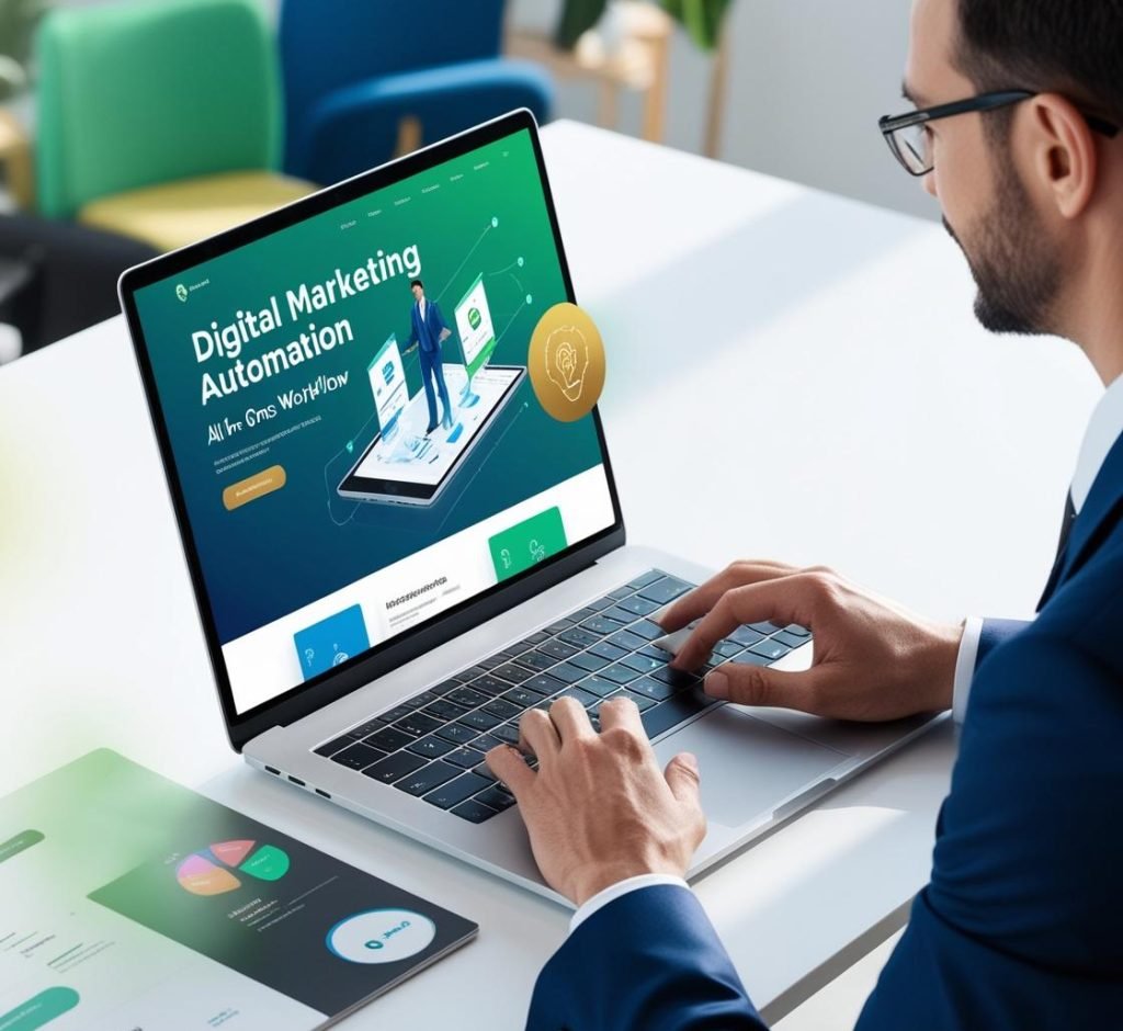 Create a unique creatives for _ All-in-One Workflow Automation Platform_ Digital marketing Expert working in laptop with Full of Business Automation